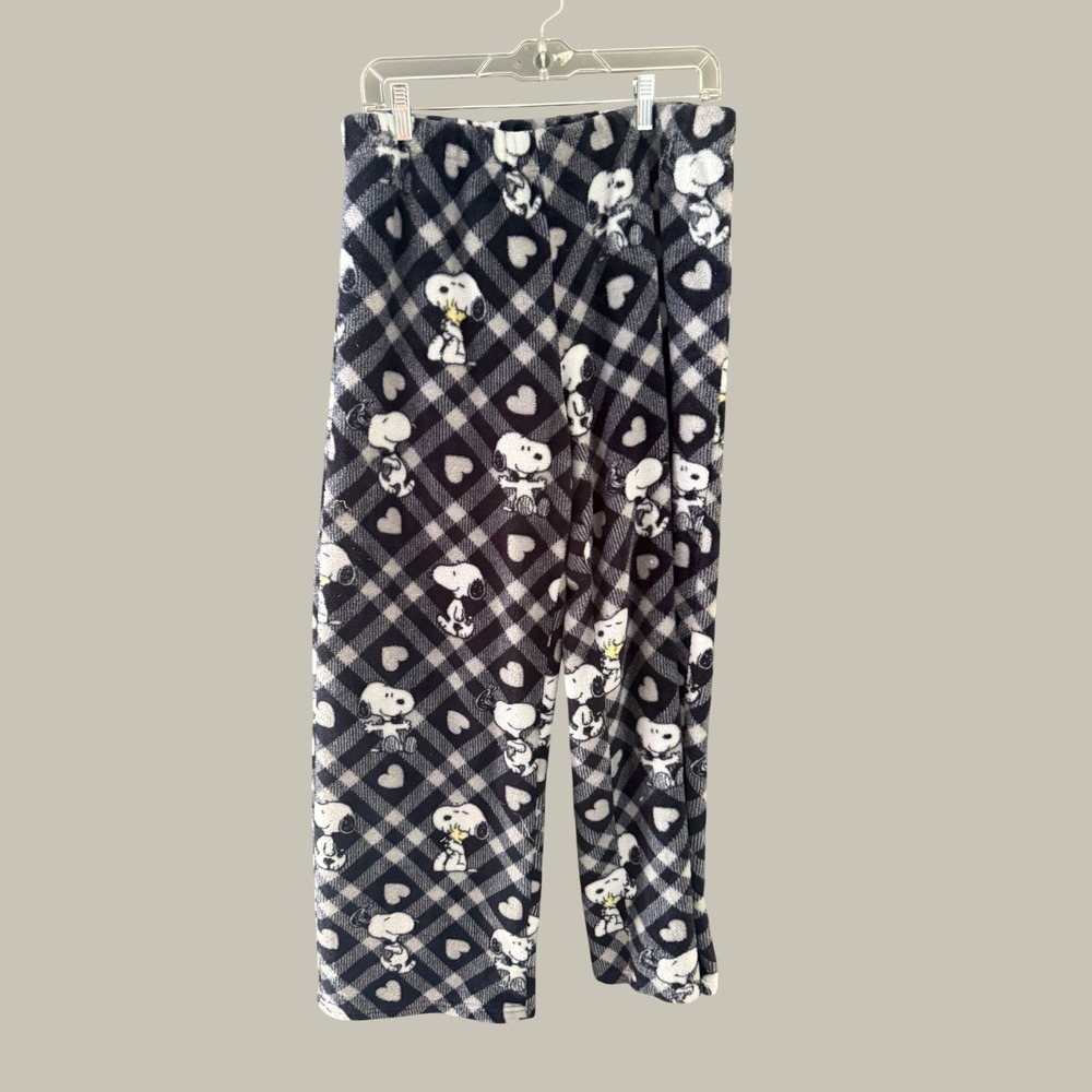 Munki Munki Peanuts Snoopy Fleece Pajama Set XL Black White Plaid Hearts Button - Picture 9 of 11